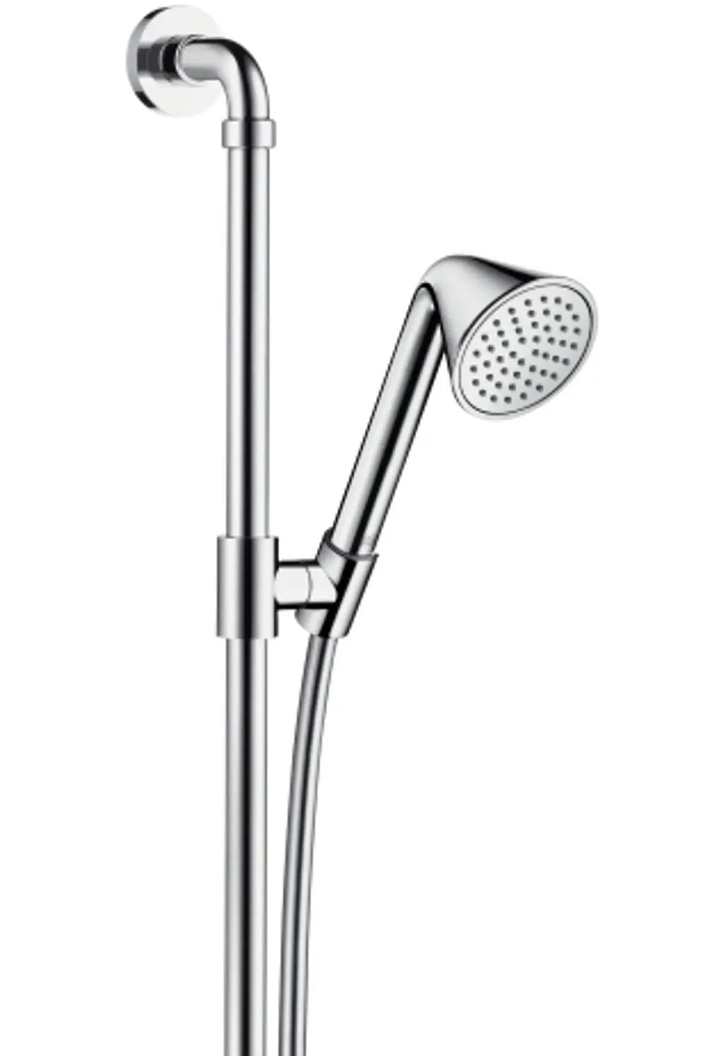 Brauseset von AXOR mit Handbrause und länglichem Halter, verchromte Oberfläche, für die Wandmontage in einem Badezimmer.